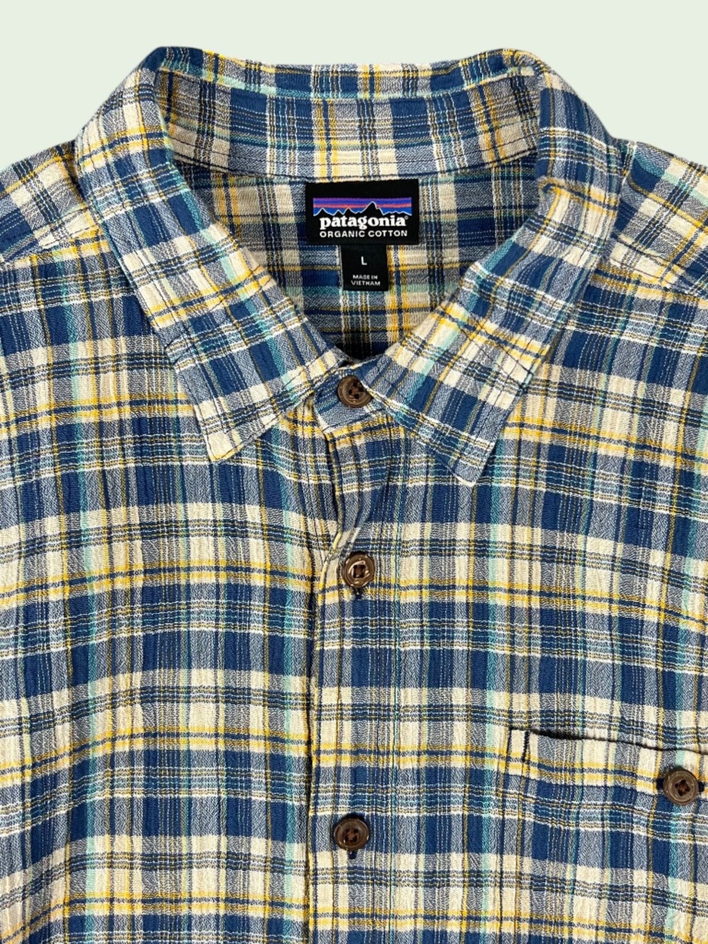 Patagonia Organic Cotton Button Up Shirt Men's Large Seersucker Tartan Plaid